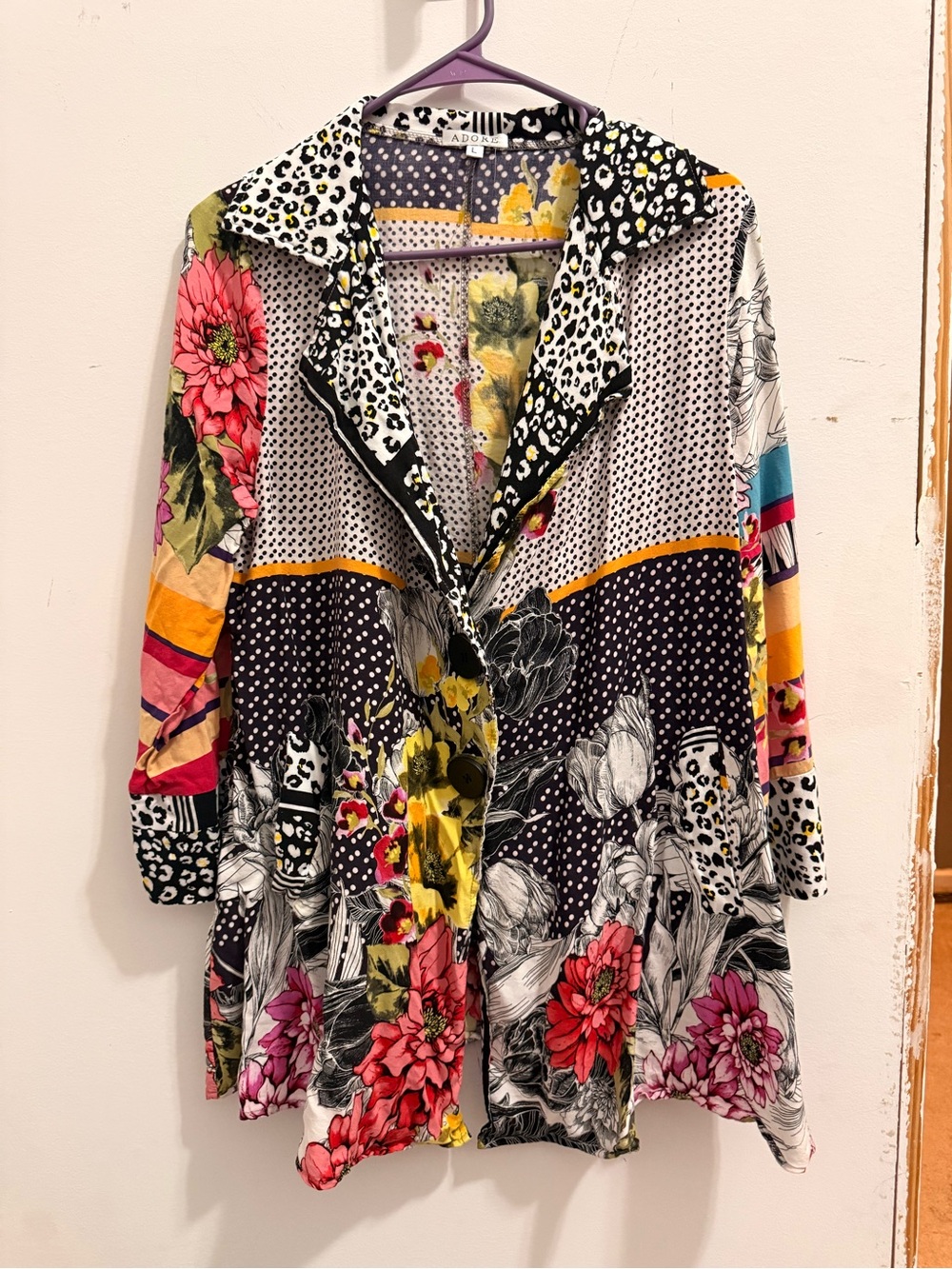 Adore Mixed-Print Button-Front Tunic in Black, White & Yellow